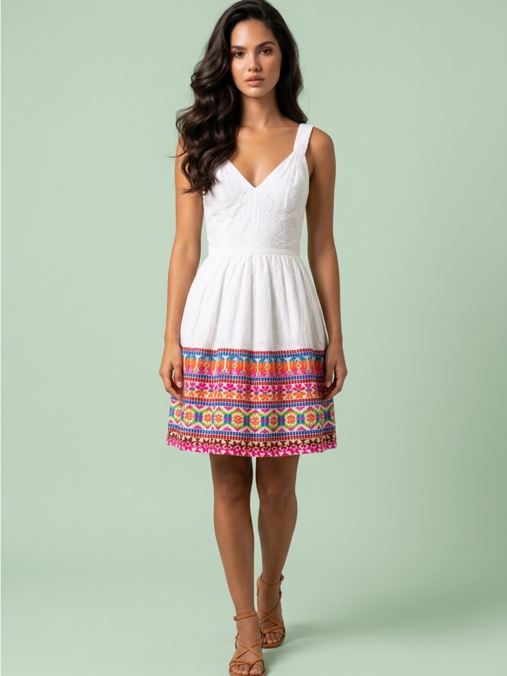 ASOS White Mini Dress with Multicolor Embroidered Hem